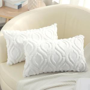 decorUhome Throw Pillow Covers 12x20 Inch Set of 2, Soft Plush Faux Wool White Solid Couch Pillow Covers, Accent Farmhouse Neutral Square Pillow Cases for Sofa Bed Living Room Home Decor