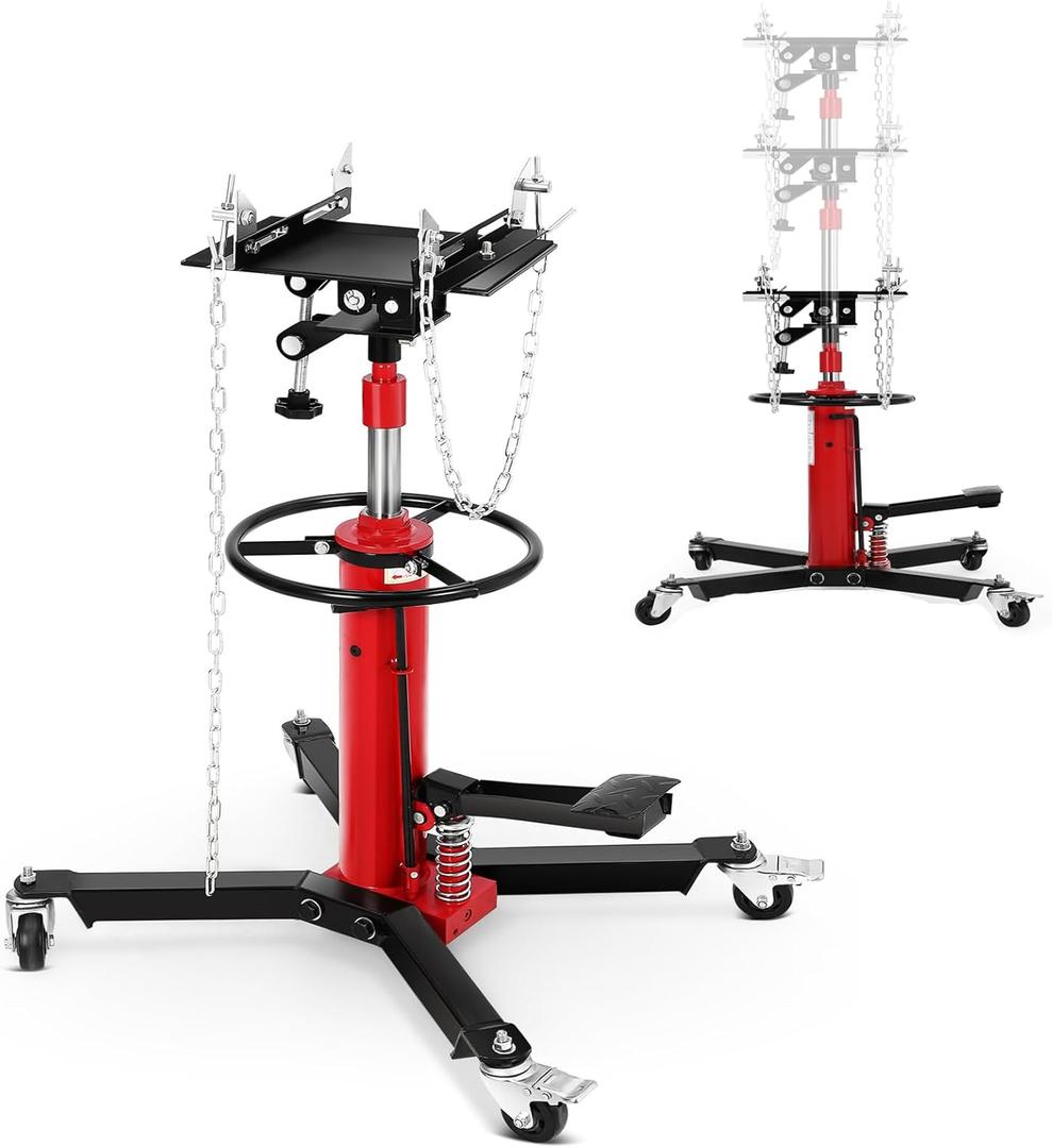 High Lift Transmission Jack 34"-68", Heavy Duty 1100LBS Hydraulic Telescoping Transmission Jack with Foot Pedal for Auto Repair, Garage, and Shop Use- 360Swivel Wheels & Safety Lock (Red)
