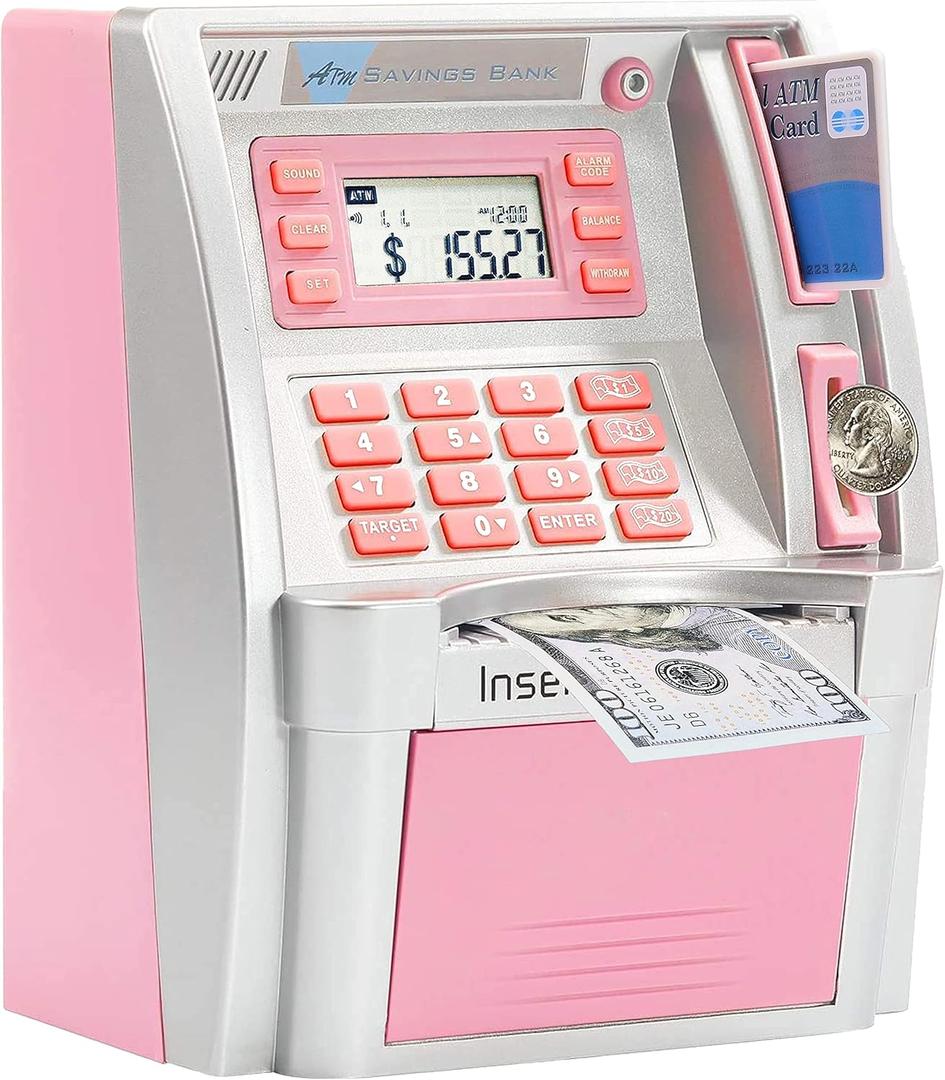ATM Piggy Bank for Real Money for Kids Adults,Toy Money Bank with Card,Password,Coin Recognition,Bill Feeder,Balance Calculator,Electronic Money Safe Coin Box,Hot Gift for Boys Girls (Silver/Pink)
