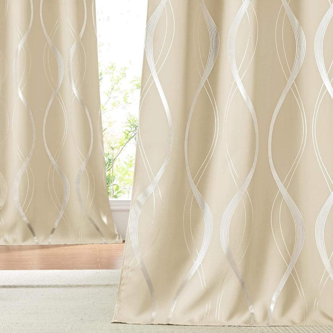 NICETOWN Room Darkening Curtains for Bedroom, Noise Reducing Thermal Insulated Wave Line Foil Print Design Blackout Curtains for Patio Sliding Glass Door (2 Panels, 52 x 84 Inch, Biscotti Beige)