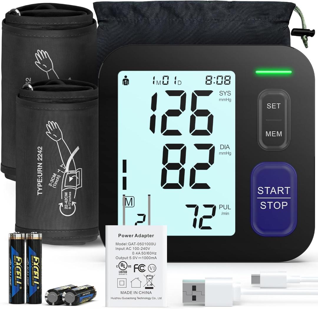 Upper Arm Blood Pressure Machine - 2 Size Cuffs, Medium/Large 9"-17" and Extra Large XL 13"-21" for Big Arms, Accurate Automatic Digital BP Machine for Home Use, Large Backlit Display, 2 Users