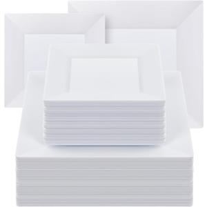 Goodluck 100 Pack Square Plastic Plates, Heavy Duty 50 Dinner Plates 9.5" and 50 Dessert Plates 6.5", Fancy Disposable Plates for Wedding, Holiday Party, Birthday, White