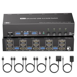 KVM Switch 3 Monitors 4 Computers with Audio, HDMI + DisplayPort 8K@30Hz/4k@144Hz DP KVM Switcher, USB 3.0 KVM Switches for 4 PC Share 3 Display, Suitable for Office/Work from Home, Programmer Setup