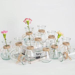 12 Hourglass Glass Bud Vases 5.3 H, Transparent Centerpiece Vases with Hemp Rope for Weddings Parties Farmhouse Decor