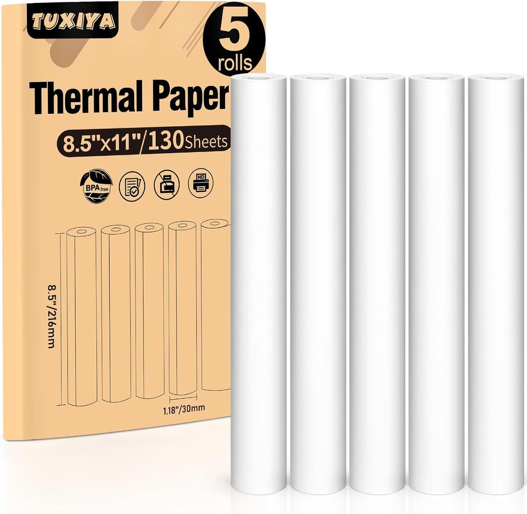 TUXIYA 5 Rolls Thermal Printer Paper 8.5"x11" US Letter Size, BPA free Quick-Dry Thermal Paper,Thermal Printing Paper Rolls Compatible Most Portable Printers(About 130 Sheets)