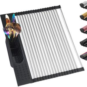 Berglander Dish Drying Rack Over The Sink, L17.5 by W 15" Rollable Stainless Steel Dish Rack with Removable Storage Basket, Perfect for Kitchen Sink