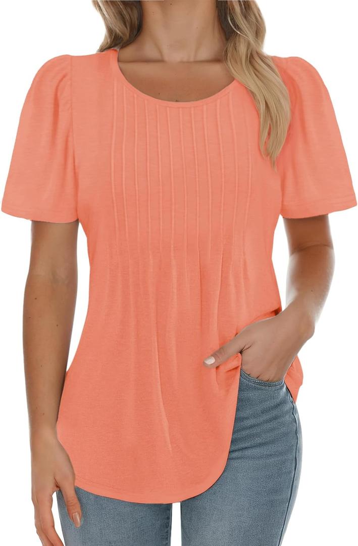 AURUZA Womens T Shirts, Short Sleeve Tops Dressy Casual Pleated Summer Shirts Scoop Neck Tshirts Tunic Tops Fashion (XX-Large, Coral)