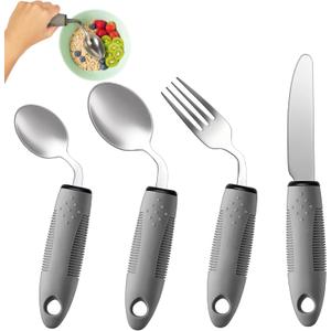 4-Piece Adaptive Utensils Set - 42 Angled Parkinsons Utensils, 2.5 oz Weighted Utensils for Hand Tremors and Parkinsons Patients, Weighted Silverware for Hand Tremors (Grey: Right-Handed)
