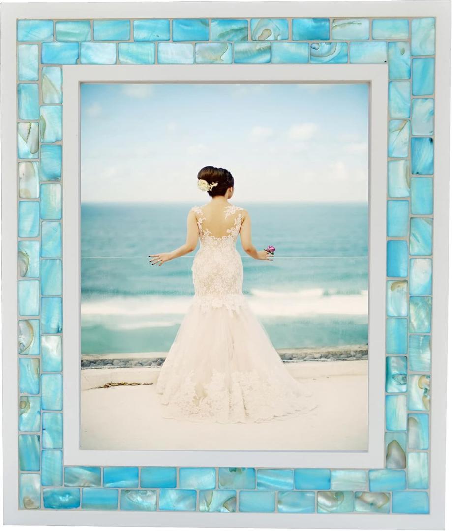 GIFTME 5 Beach Picture Frame 8x10,Mosaic Picture Frame Mother of Pearl,Turquoise Tabletop or Wall Hanging Photo Frame(8x10 inch, Blue,1pc)