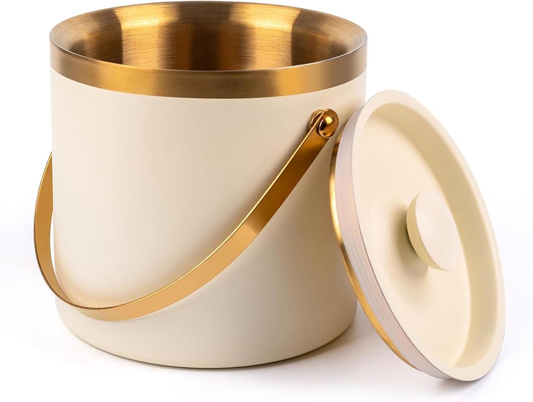 3L Beige White Double Wall Insulated Stainless Steel Ice Bucket with Scoop for Cocktail Bar, Metal Ice Bucket for Freezer with Lid for Parties, Ice Container to Keep Ice Colder, Bar Cart Accessories