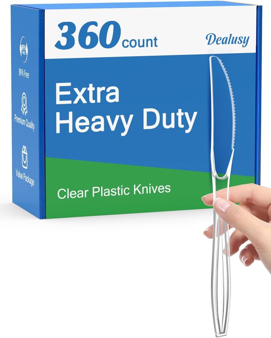 360 Count Extra Heavy Duty Clear Plastic Knives Disposable, BPA-Free, Heat Resistant, Solid and Durable Disposable Knives Bulk, Premium Plastic Knives heavy duty for Party Supply