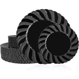 U-QE 60 Pcs Black Plastic Plates for Party  Black Plastic Disposable Heavy Duty  Include 30 10.25" Dinner & 30 7.25" Dessert Plate - Perfect for Parties, Weddings