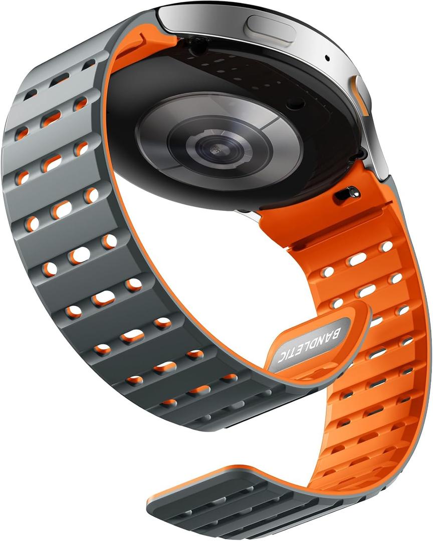 Bandletic Magnetic Silicone Band Compatible with Samsung Galaxy Watch 7 6 5 4 FE 40mm 44mm/for Galaxy Watch 6 4 Classic 43mm 47mm 42mm 46mm/Watch 5 Pro 45mm, 20mm No Gap Sport Strap for Men Women (Gray/Orange)