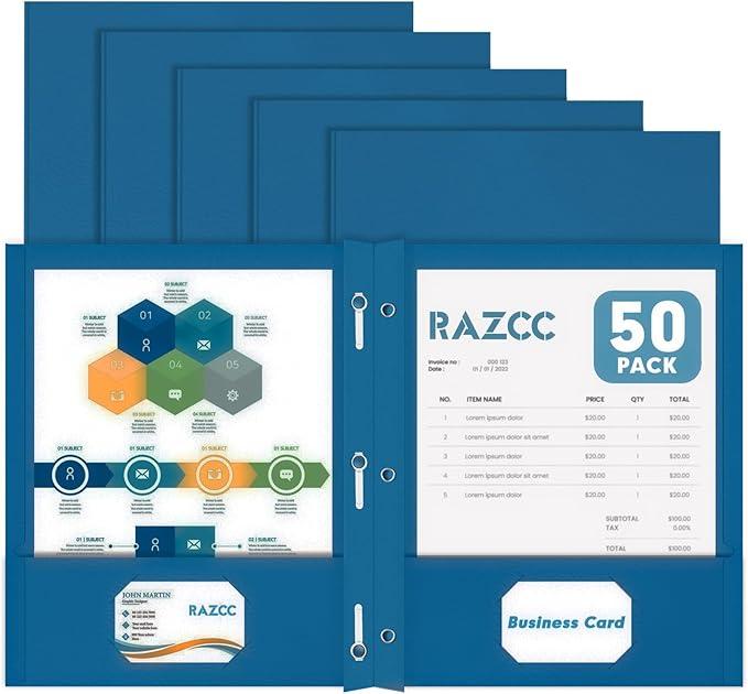 Two Pocket Folders, RAZCC 50 Pack Two Pocket Folders with Prongs, 3 Prong Folders Fit Letter Size Paper, Pocket File Folders for School Office Home Business, Dark Blue