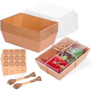 30 Pack Charcuterie Boxes with Clear Lids, 8x6 Inch To Go Paper Charcuterie Box, Food Disposable Containers, Charcuterie Board with Lid for Sandwiches, Strawberries, Cookie, Cake Slice, Cupcakes (Brown)