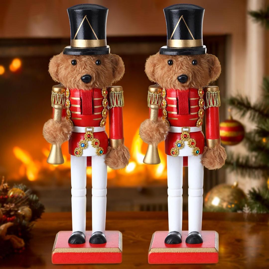 Thyle 2 Pieces 9.8 Inch Christmas Wooden Nutcracker Figures Xmas Large Nutcracker Soldier Christmas Holiday Soldier Ornament on Stand for Xmas Holiday Garden Lawn Pathway (Bear Style)