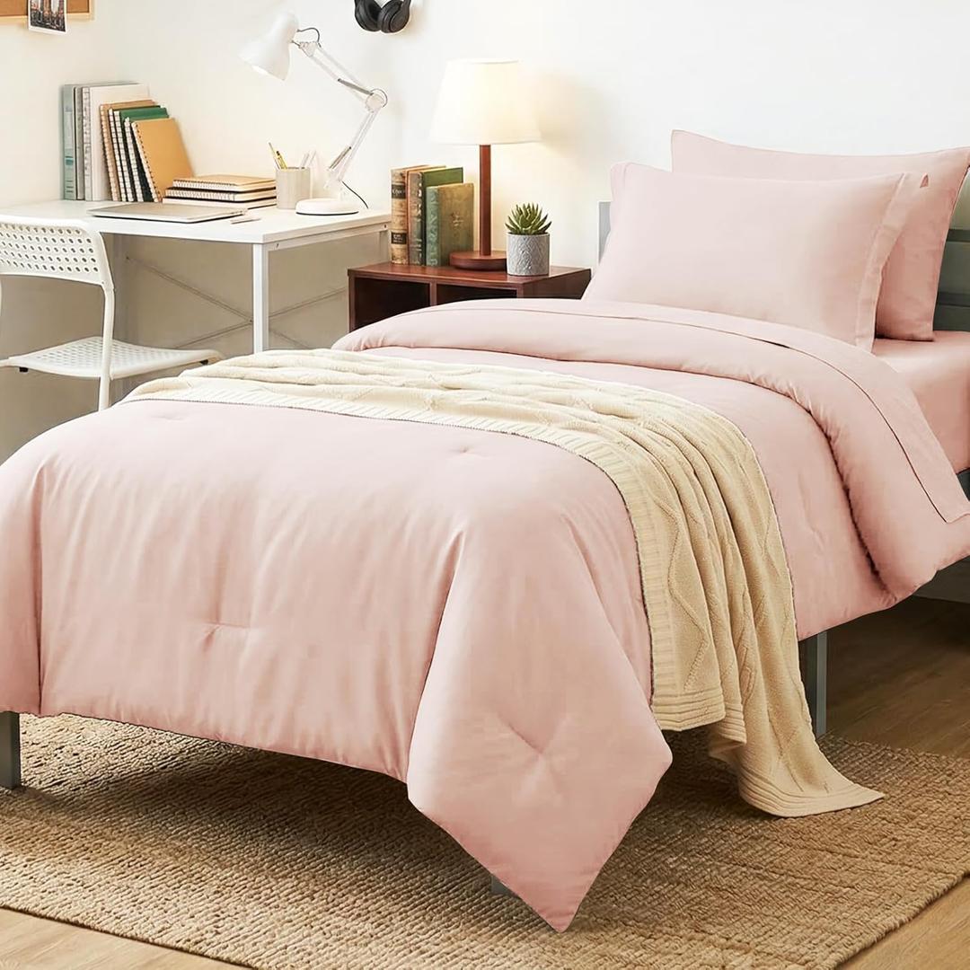 CozyLux Twin Comforter Set Blush Pink, 5 Pieces Bed in a Bag Twin Comforter Set with Sheets, All Season Bed Sets with Down Alternative Comforter, Fitted Sheet, Flat Sheet, Pillow Sham and Pillowcase