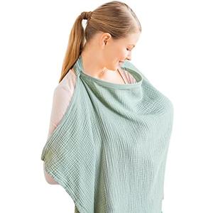 Konssy Muslin Nursing Cover for Baby Breastfeeding, Breathable 100% Cotton Breastfeeding Cover with Rigid Hoop for Mother Nursing Apron, Multi-use Carseat Canopy (Green)