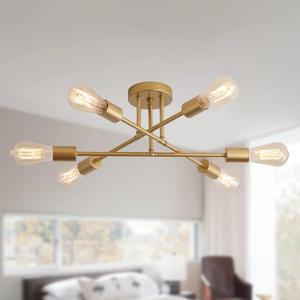 Gold Modern Sputnik Chandelier Ceiling Light Fixtures,6-Lights Industrial Metal Semi Flush Mount Ceiling Light for Bedroom Dining Room Living Room Kitchen Hallway UL Listed (Gold-6)