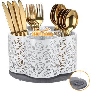 360 Degree Rotating Utensil Caddy Silverware Cutlery Caddy Holder with 5 Compartment Kitchen Countertop Organizer for Spoon Fork Flatware Storage for Home or Outdoor Picnic Camping (White)