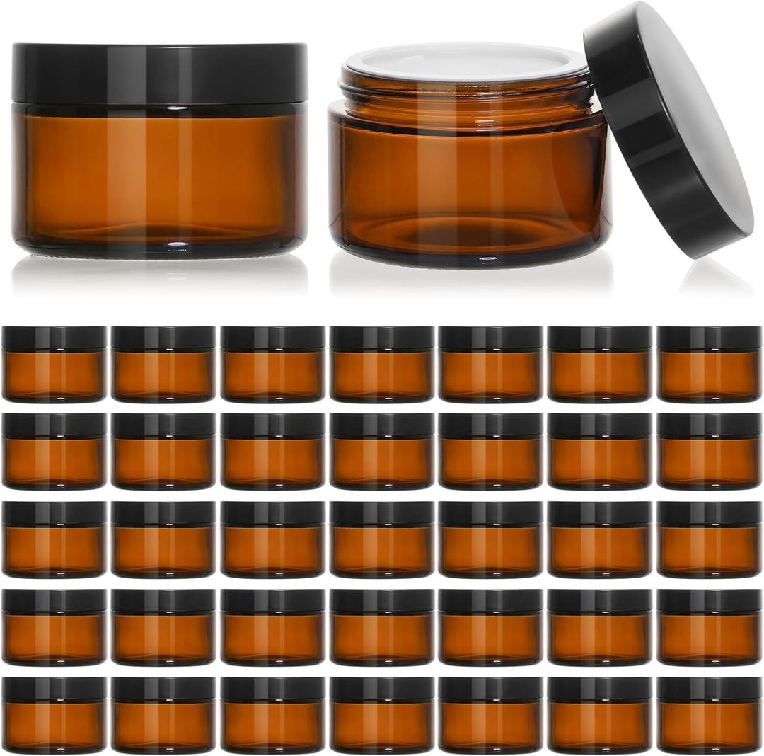 KEYWING 1oz Amber Glass Jars with Black Lids, 36 Pack Small Round Glass Cosmetic Jars with Inner Liners for Lotions, Cream, Powders and Ointments