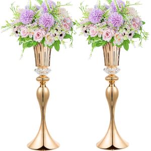 22in Gold Vases for Centerpieces, 2Pcs Metal Tall Trumpet Vases Wedding Reception Centerpieces, Crystal Flower Vase for Table Wedding Party Event Home Decor