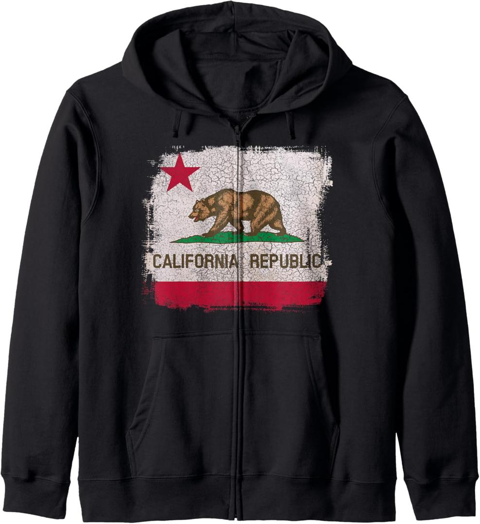 California Republic Flag Distressed Souvenir Bear Zip Hoodie (Small, Black)