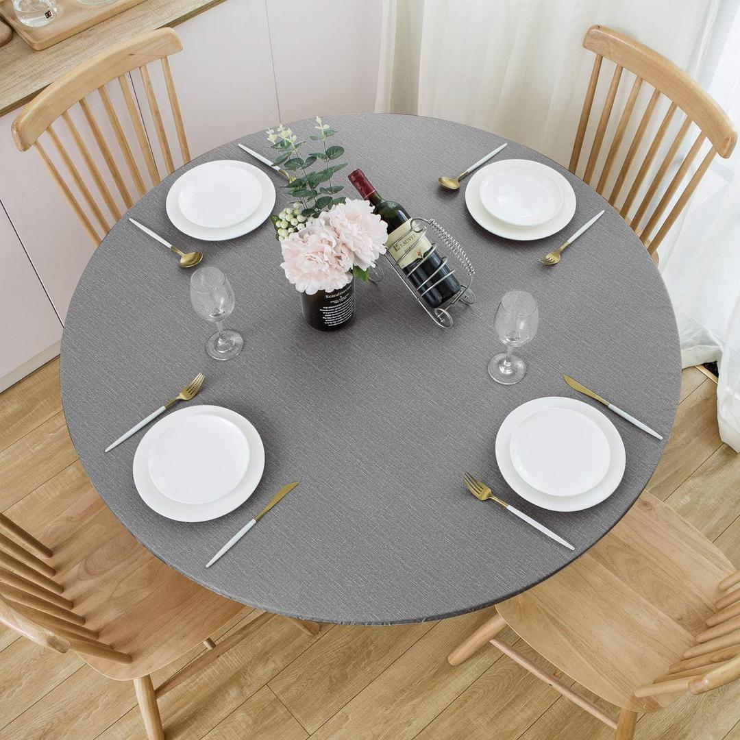 NLMUVW Round Vinyl Tablecloth Fitted with Elastic Edge, Flannel Backing PVC Table Cover Waterproof Wipe Clean Table Cloth for Dining Party Outdoor, Grey, 45"- 56"