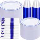 WELLIFE 350 Pcs Blue Plastic Plates for 50 Guests - Plastic Dinnerware Set,Party Supplies Includes 100 blue plates,150 Silverware,50 Napkins,50 Cups,Blue and White Plates