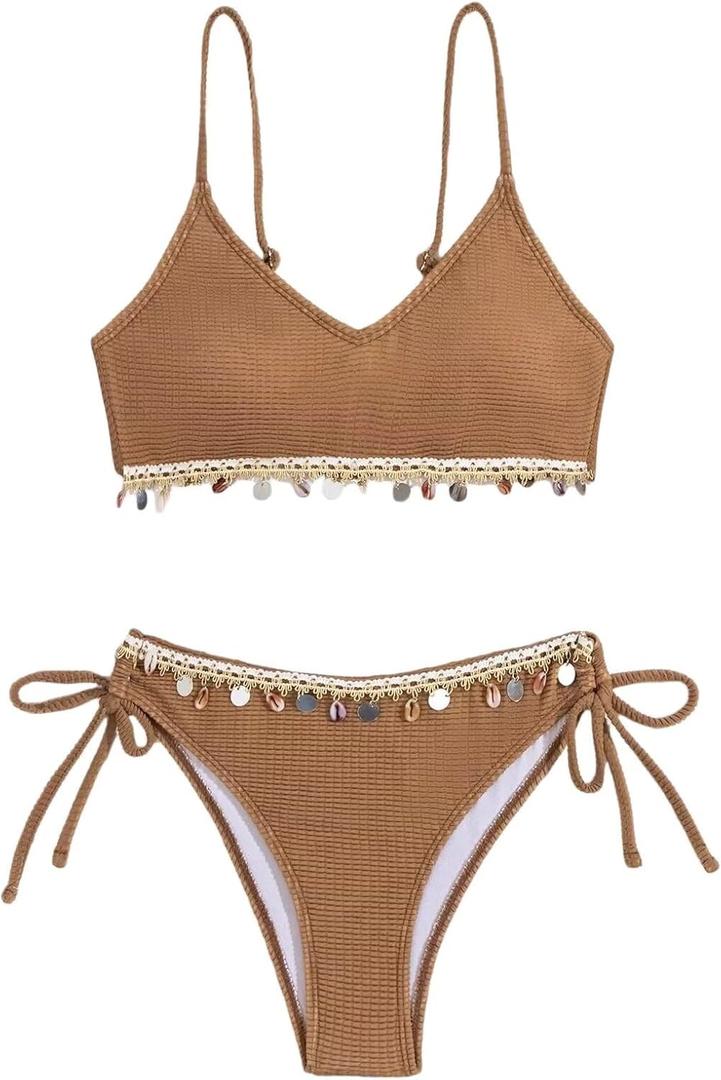 Women's Shiny V Neck Bathing Suit Triangle Summer Swimsuit Bikini Set 2 Piece (Medium, Light Brown)