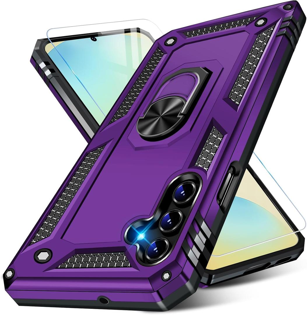for Samsung Galaxy S24 FE Case with Screen Protector, Military Grade Rugged Shockproof Galaxy S24 FE 5G Heavy Duty Protective Cover for Samsung S24 FE Magnetic Ring Kickstand Phone Case (Purple)