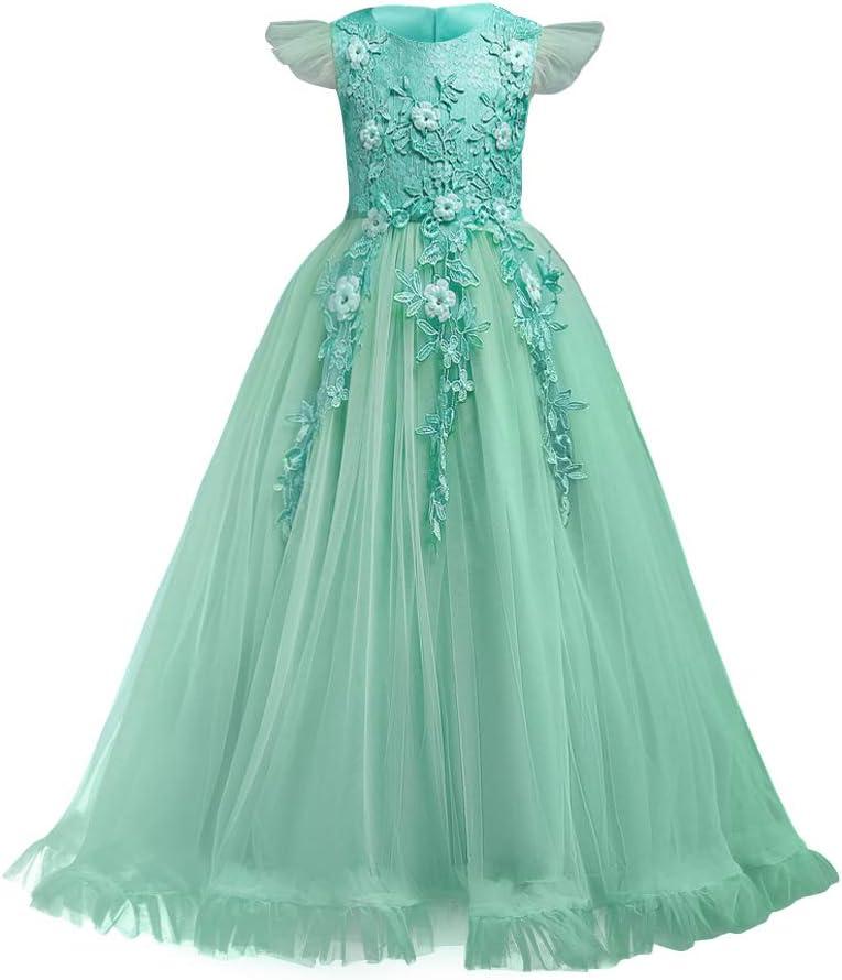Flower Girls Maxi Dress Bridesmaid Wedding Pageant Party Princess Communion Floral Boho Vintage Lace Dance Gown youth 170 (Teal, M)
