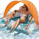 IISVGE Inflatable Pool Float with Canopy for Adults, PVC Pool Lounge Chair with Sun Shade, Backrest, Armrests and Cup Holder, Portable Adult Pool Float for Swimming Pool, Lake, Beach, Summer Vacation