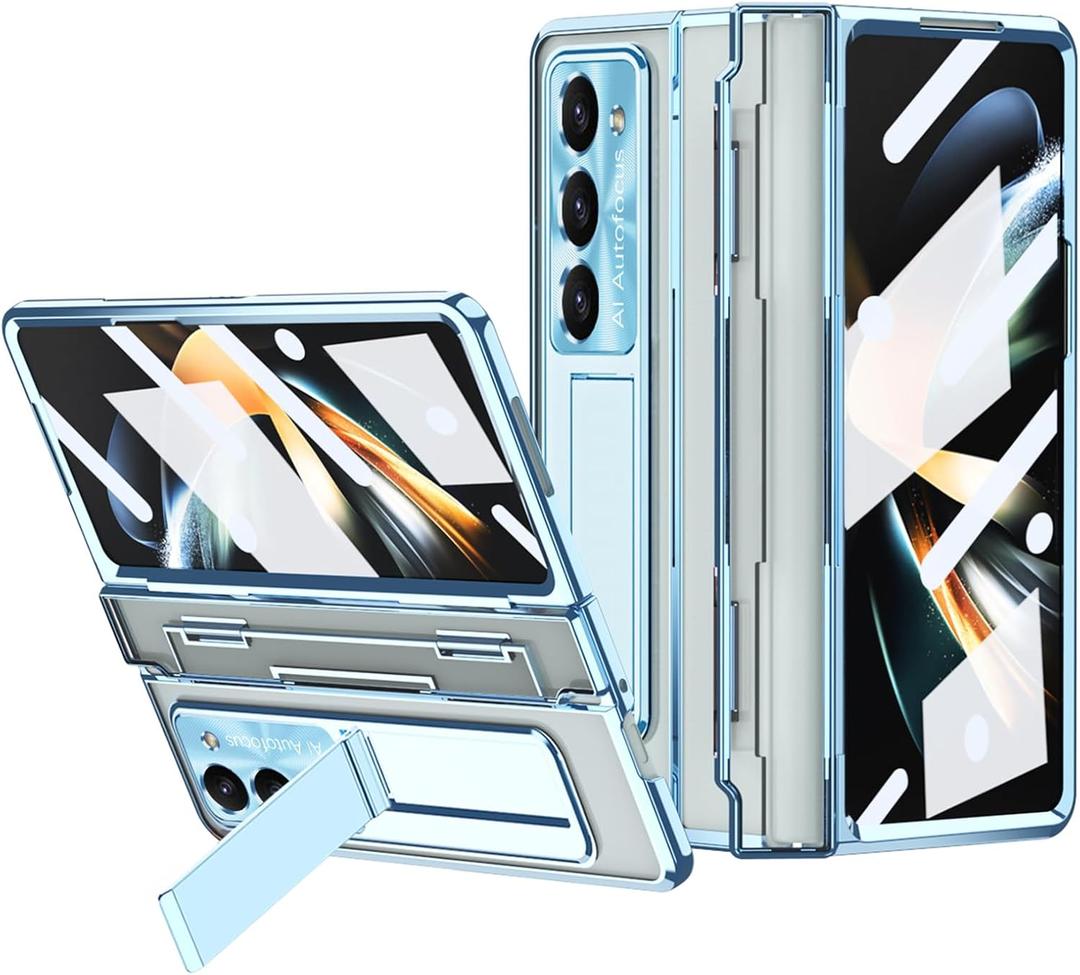 Case for Samsung Galaxy Z Fold 5 2023, One-Piece Housing Hinge Protection Clear Z Fold 5 Case with Kickstand, Build-in Screen Protector (Blue)