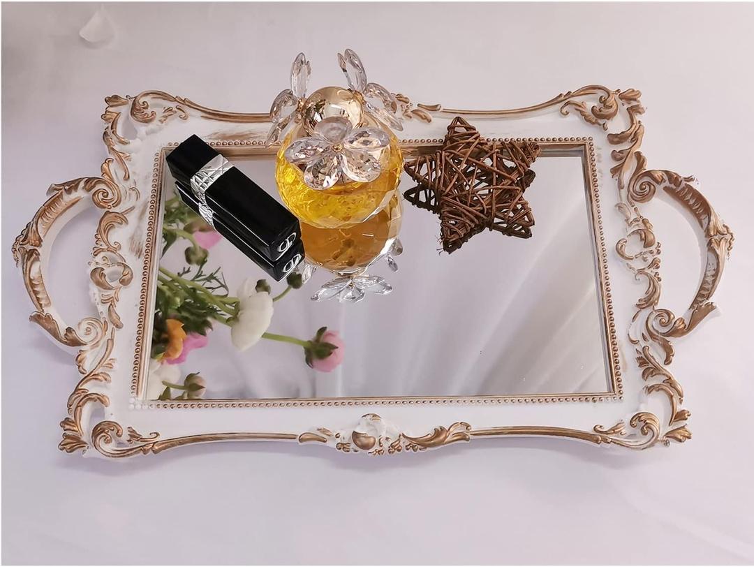 Small Rectangle Decorative Mirror Tray, French Style, Makeup Organizer, Jewelry Organizer, Serving Tray, 13"x 7.8", Golden White