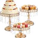 3 PCS Golden Cake Stands with Pendants, Round Mirror Cake Stand with Hanging Crystal Beads, Dessert Display Riser, European Style Lace Cupcake Stands for Wedding Birthday Banquet Dessert Buffets