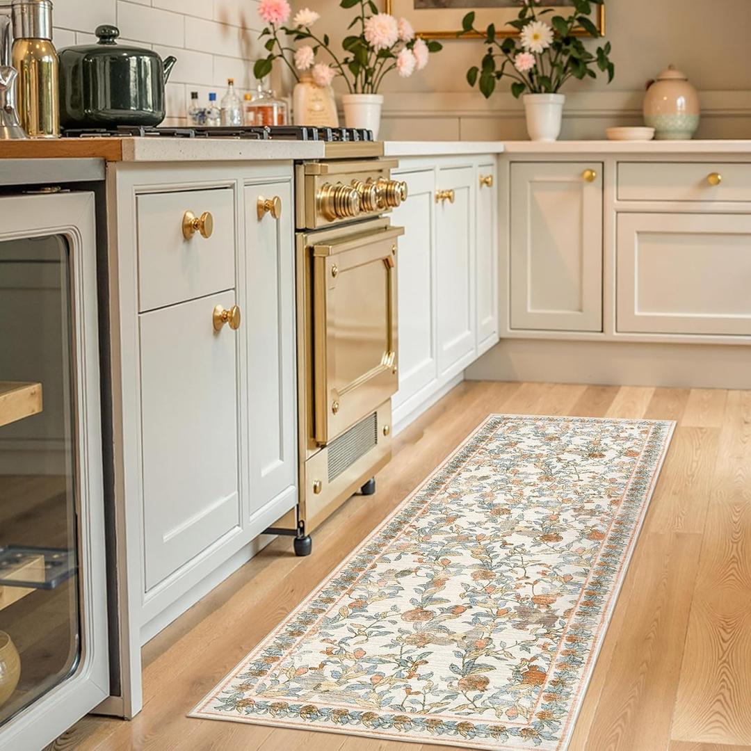 jinchan Eden Floral Washable Runner Rug 2x5 Vintage Hallway Rug Non-Slip Lightweight Soft Thin Kitchen Low Pile Distressed Orange Fall Decor Carpet for Bathroom Laundry Room Bedroom Entryway