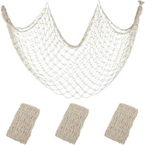 3 Pack Decorative Fishing Net, 80x40 Inch Large Beige Fish Net Decor for Wall, Photo Display, Nautical Mermaid Pirate Ocean Themed Beach Hawaii Under the Sea Party Decorations