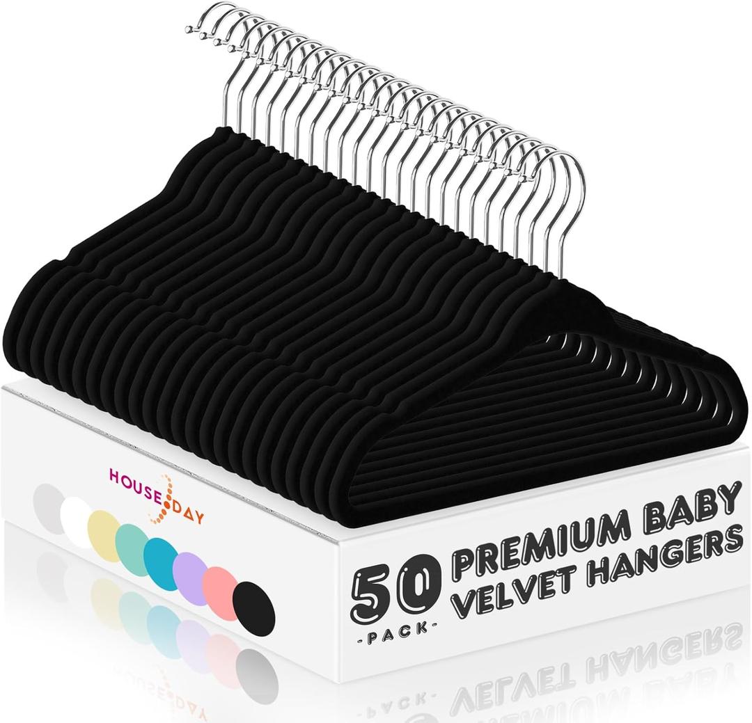 HOUSE DAY 11 Inch Velvet Baby Hangers 50 Pack Black, Premium Kids Hangers for Children/Infant/Toddler Clothes, Durable Non Slip Small Baby Felt Hanger for Closet, Ideal for Everyday Use Black