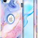 PIXIU Unique Flower Pattern Compatible with iPhone 17e/16e 6.1 inch case, Heavy Duty Dual Layer Shockproof Full-Body Protective Sturdy Hybrid Cute Rugged Case for Women,Girls,Kids-Marble