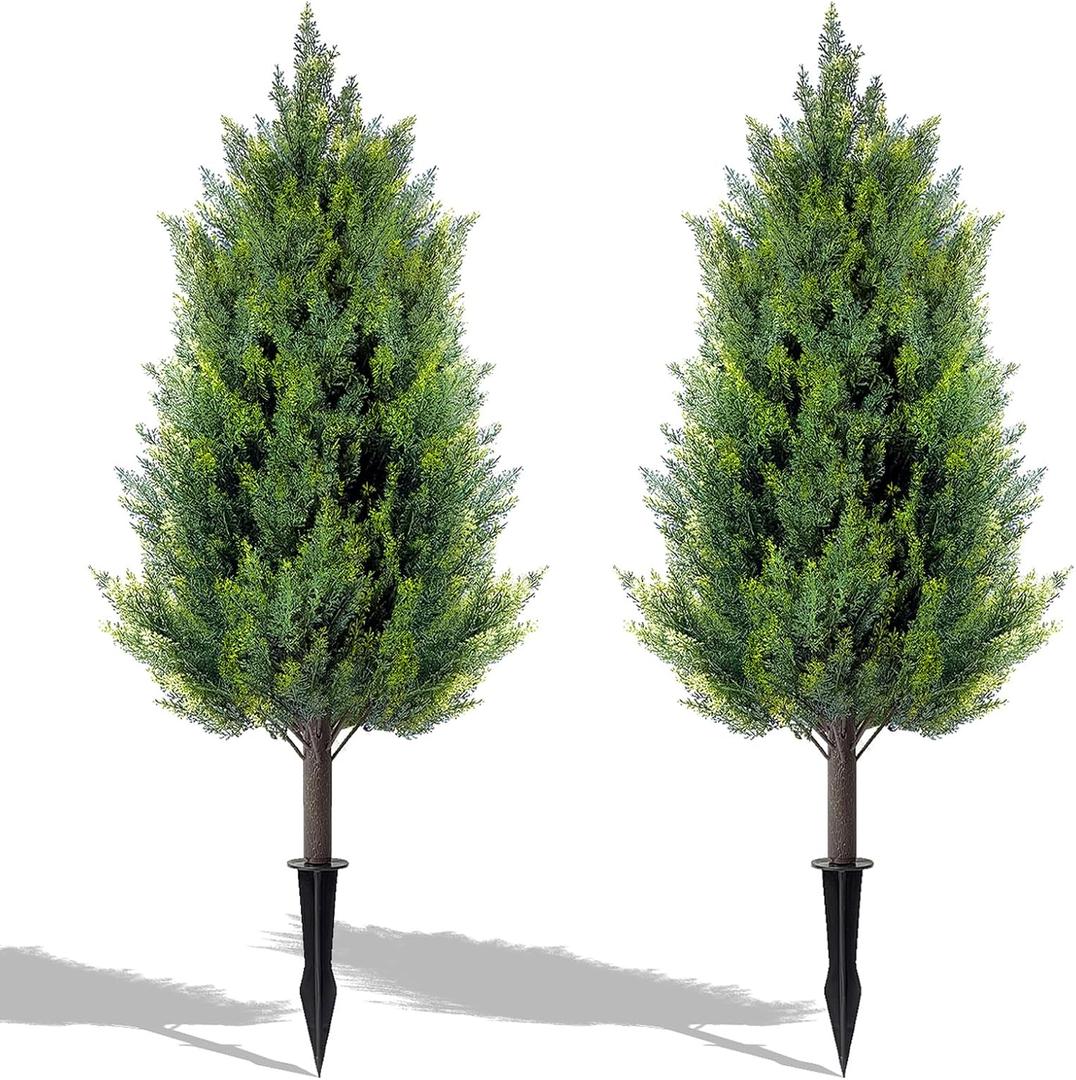2 Pack 3FT Artificial Cedar Topiary Trees with Ground Spike, Realistic Fake Plants Tree UV Resistant Artificial Plants Indoor Outdoor Faux Plants Evergreen Bushes Shrubs for Porch Garden Office