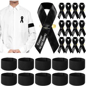 50 Pcs Mourning Ribbon Pins Black Funeral Memorial Ribbon Pins and 25 Pcs Funeral Mourning Arm Bands Forever in Our Heart Classic Elastic Armband for Funeral Memorial Condolence Respect Event