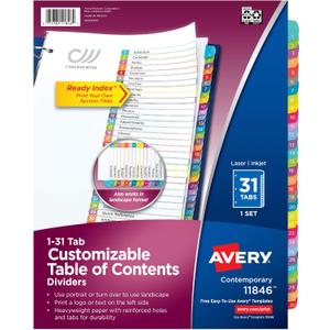 Avery 1-31 Dividers for 3 Ring Binders, 31 Tabs per Set, Customizable Table of Contents, Multicolor Arched Tabs, Great for Organizing Reports, Projects, and More (11846)