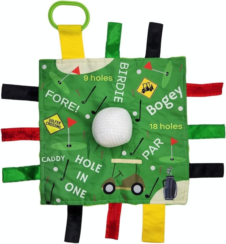 Baby Jack & Co 10x10 Golf Ball Sports Lovey Sensory Plush Blanket - Tag Toys for Sensory Play - Travel Stroller Toy - Learn Shapes, Letters & Colors - Sports Gift Educational and Soother
