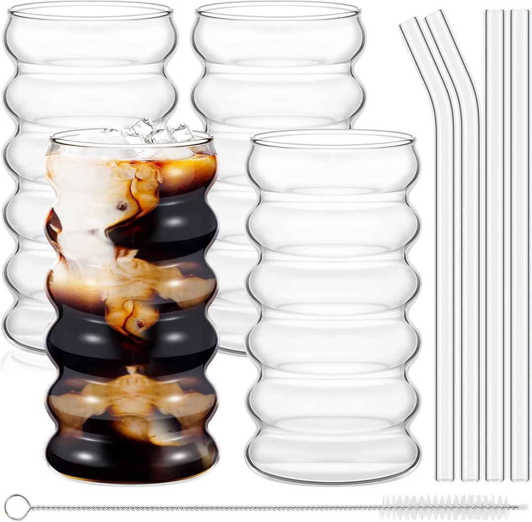 Tessco 4 Pcs Creative Glass Cups Vintage Drinking Glasses Ribbed Glassware Aesthetic Cups Entertainment Dinnerware Glassware with Straws Set for Kitchen Coffee Juice Beverage (Clear, 16 oz)