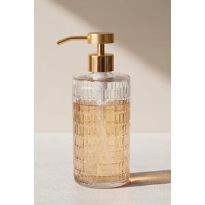Lunestella Elegant Fluted Glass Hand Soap Dispenser with Gold Pump, Clear Ribbed Glass Bottle for Bathroom, Dish Soap Dispenser for Kitchen, Rust Proof, 17oz (Gold Slim Pump)