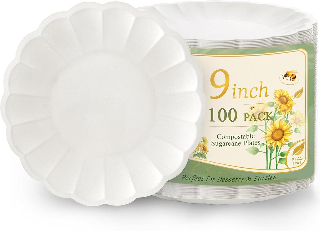 100 Pack Dinner Plates 9 Inch Paper Plates- Compostable Bagasse Party Plates for Wedding, BBQ,Picnic,Birthday,Baby Shower-100% Compostable Bagasse (White)