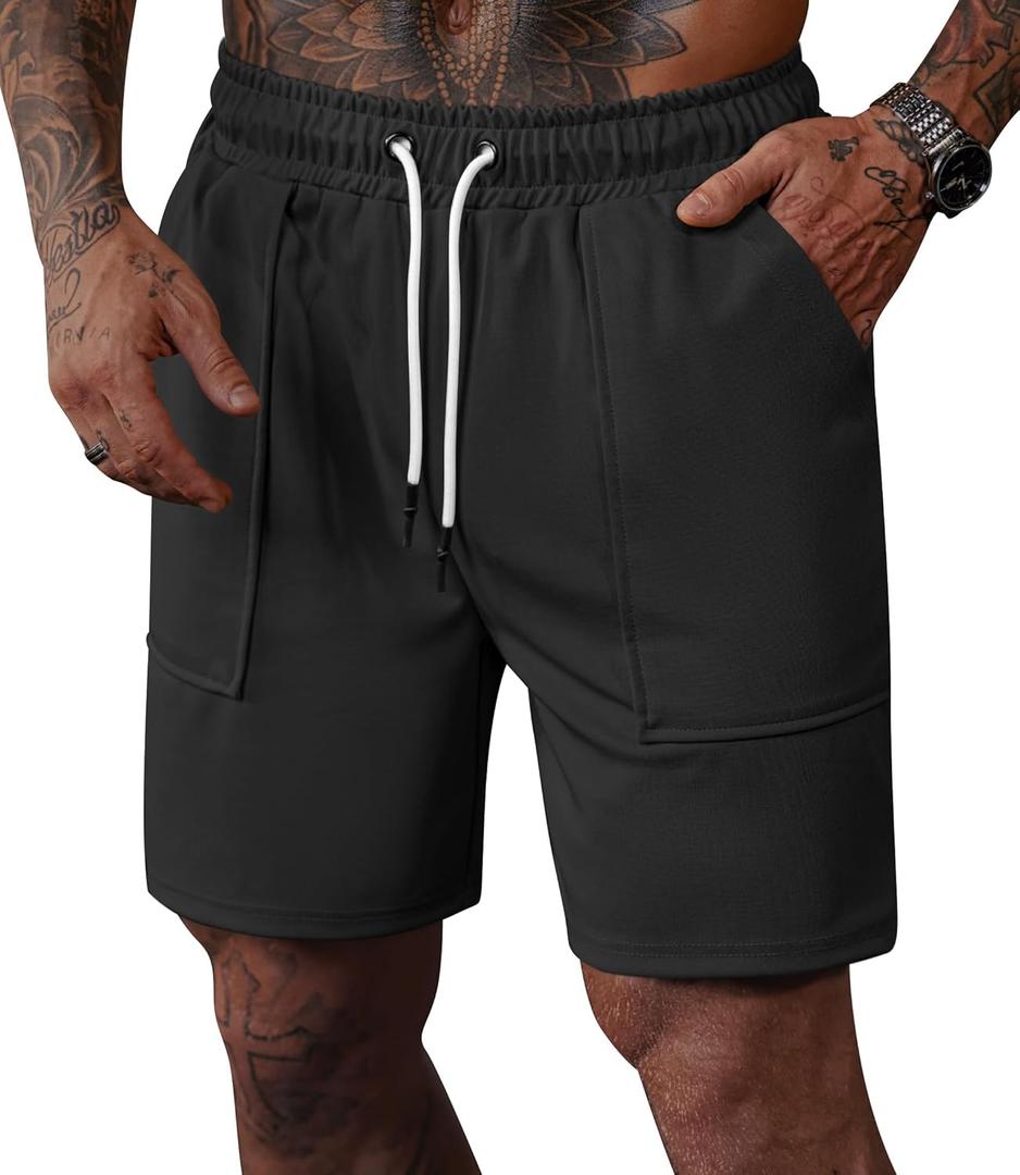 Men's Sweat Shorts Elastic Waist Drawstring 6'' Inseam Casual Gym Athletic Shorts with Pockets (S-3XL) (Black, XL)