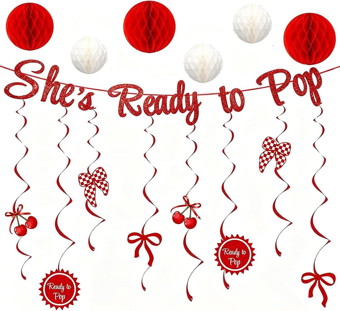 2 x 23Pcs She's Ready to Pop Glitter Banner, Red Cherry and Bow Theme Party Decor, Baby Shower Decorations with 6 Honeycomb Balls for Gender Reveal Party