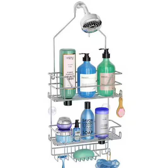Shower Caddy Hanging Bathroom Organizer: Over Head Adjustable Rack for Tall Showerhead - Extra Large Storage Shelf for Big Shampoo Bottles with Soap Holder (Silver)